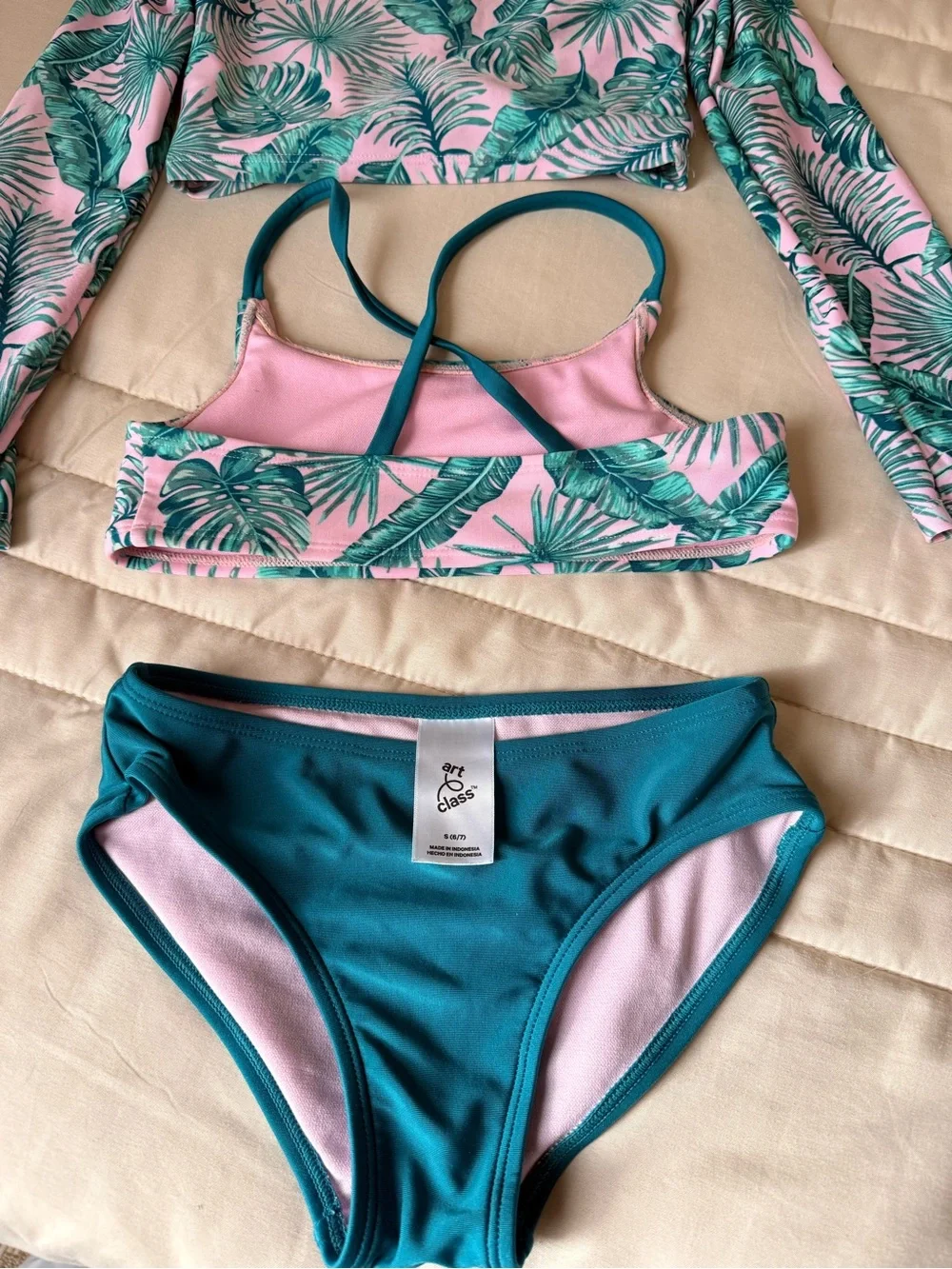art class Tropical Palm Print Girls Swim Set in Pink and Teal